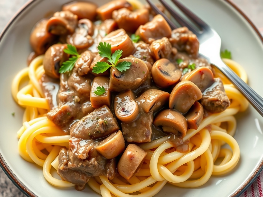 Classic Beef Stroganoff with Creamy Mushroom Sauce A serving of Beef Stroganoff with egg noodles, topped with parsley, displaying rich sauce and tender beef.